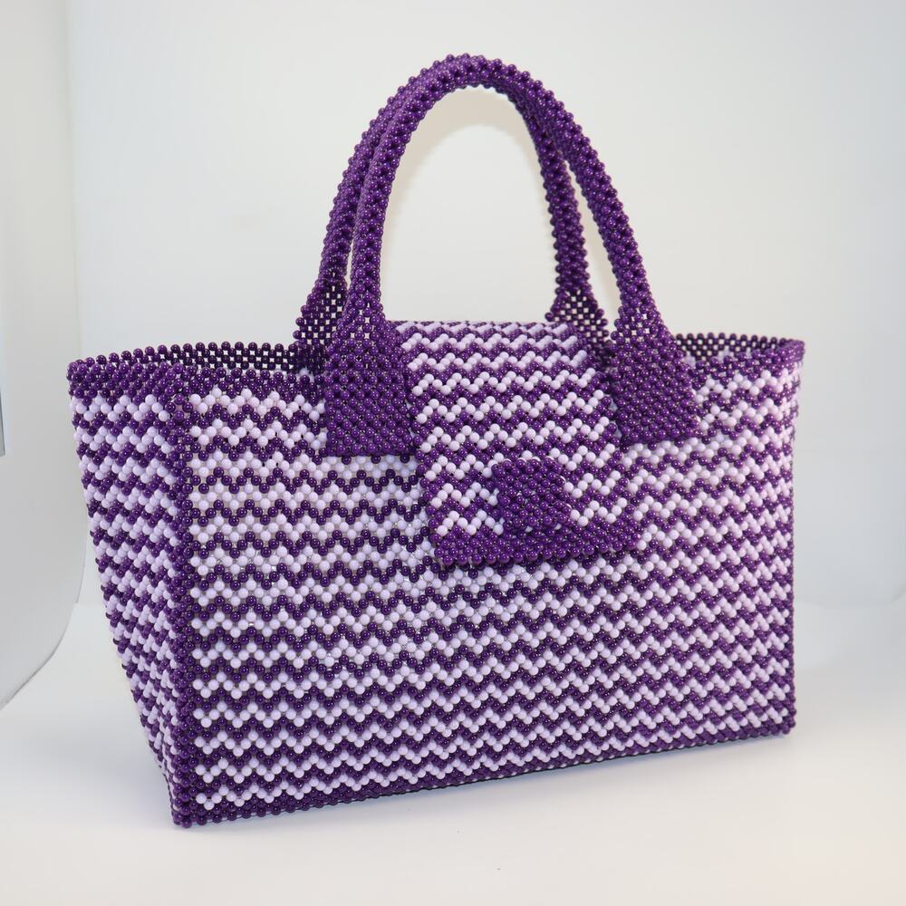 Handmade Beaded Purple Tote Bag‎ Zigzag Pattern 16" Unbranded